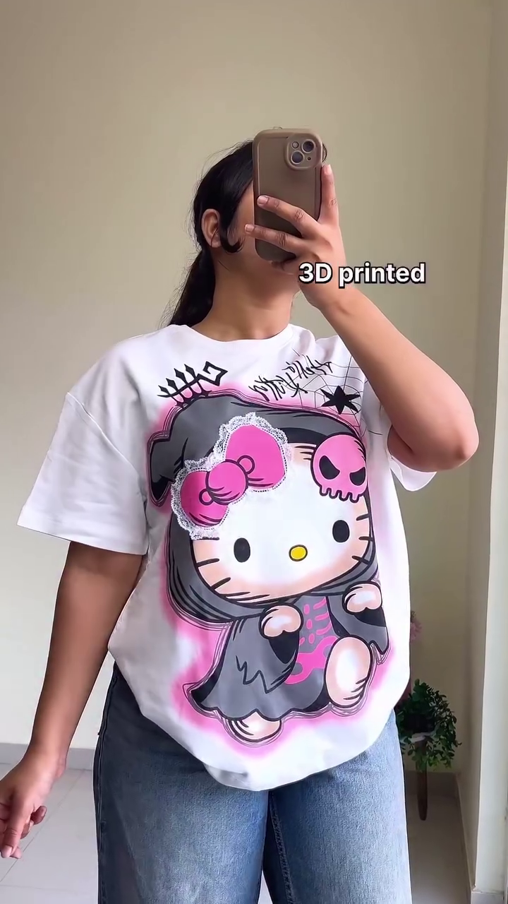 White Graphic T-Shirt 👕 with Gothic Hello Kitty 🐱 Design + 3D Printed Effect ✨ + Casual Blue Jeans 👖