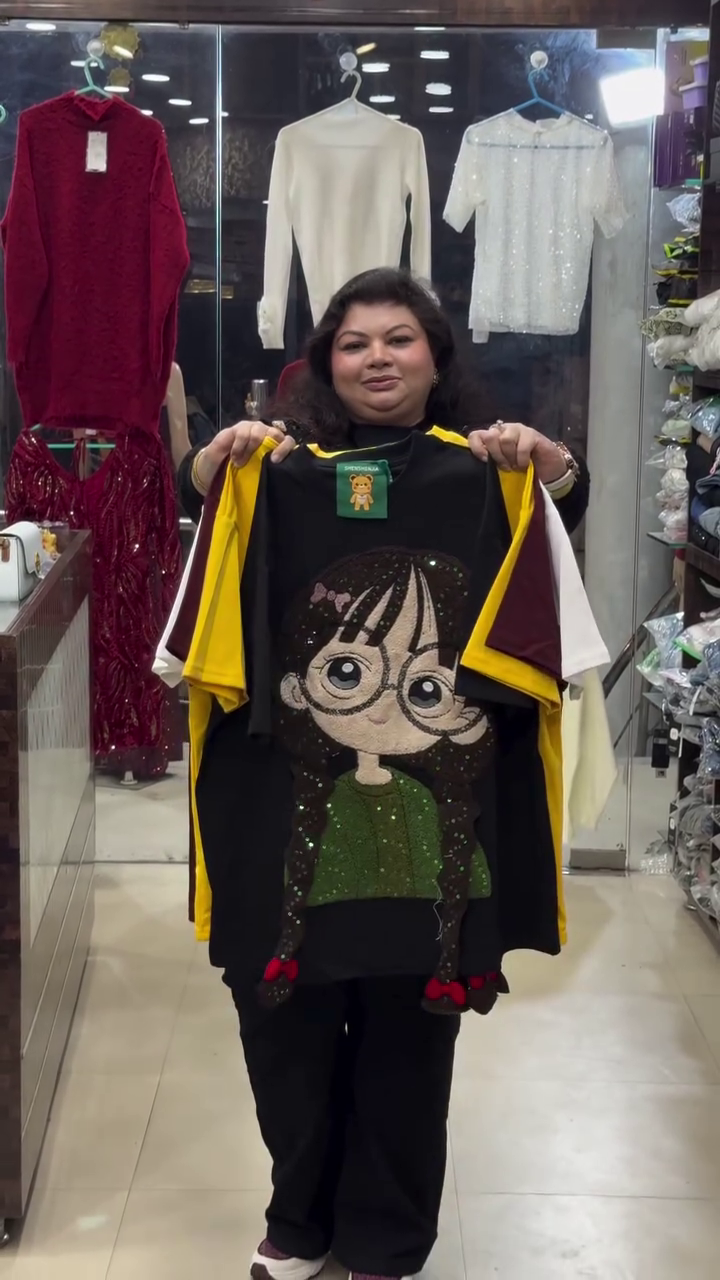 Brown T-Shirt 👕 with Decorative Cartoon Girl Graphic 👧 + 3D Braided Hair 🎀 + Glittery Green Top ✨ Statement Piece