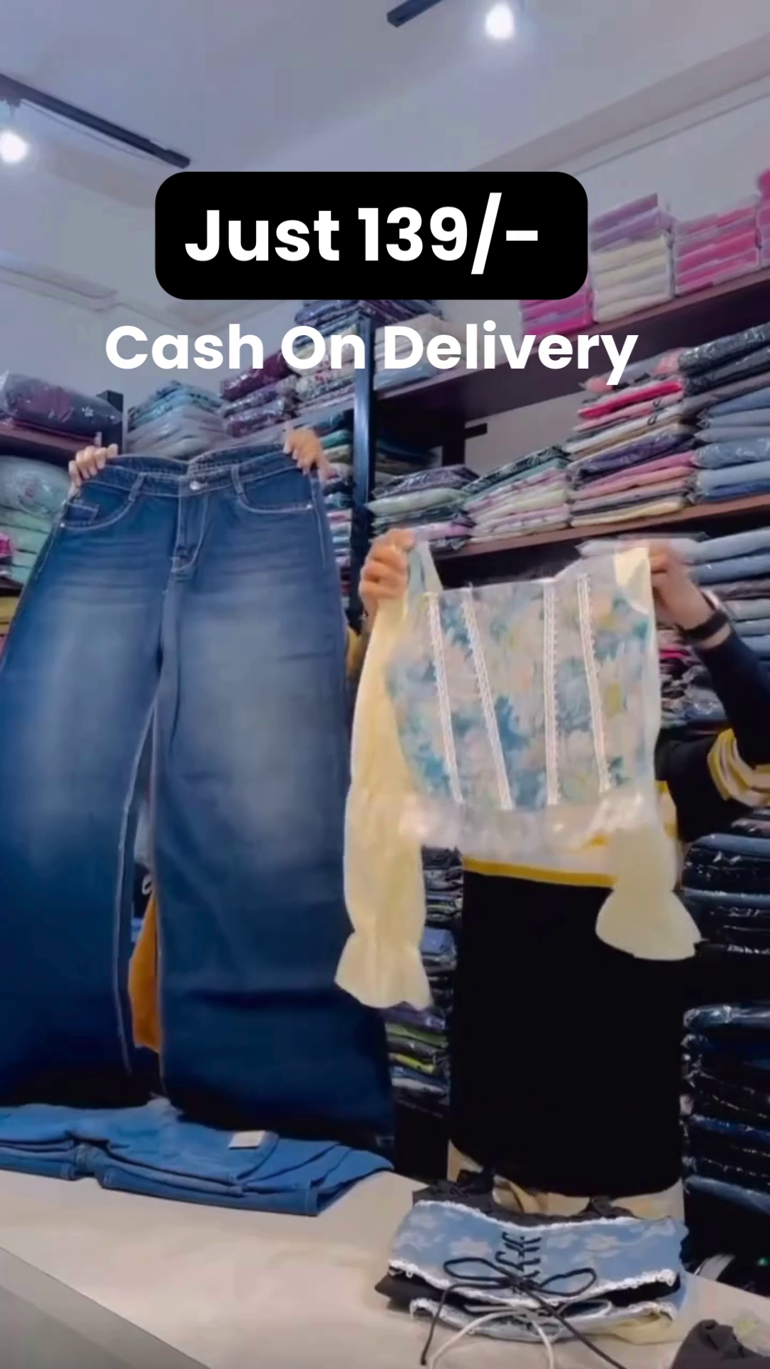 Black Wide-Leg Jeans 👖 + White & Blue Floral Crop Top 👚 with Lace Detailing ✨ Coordinated Casual Ensemble