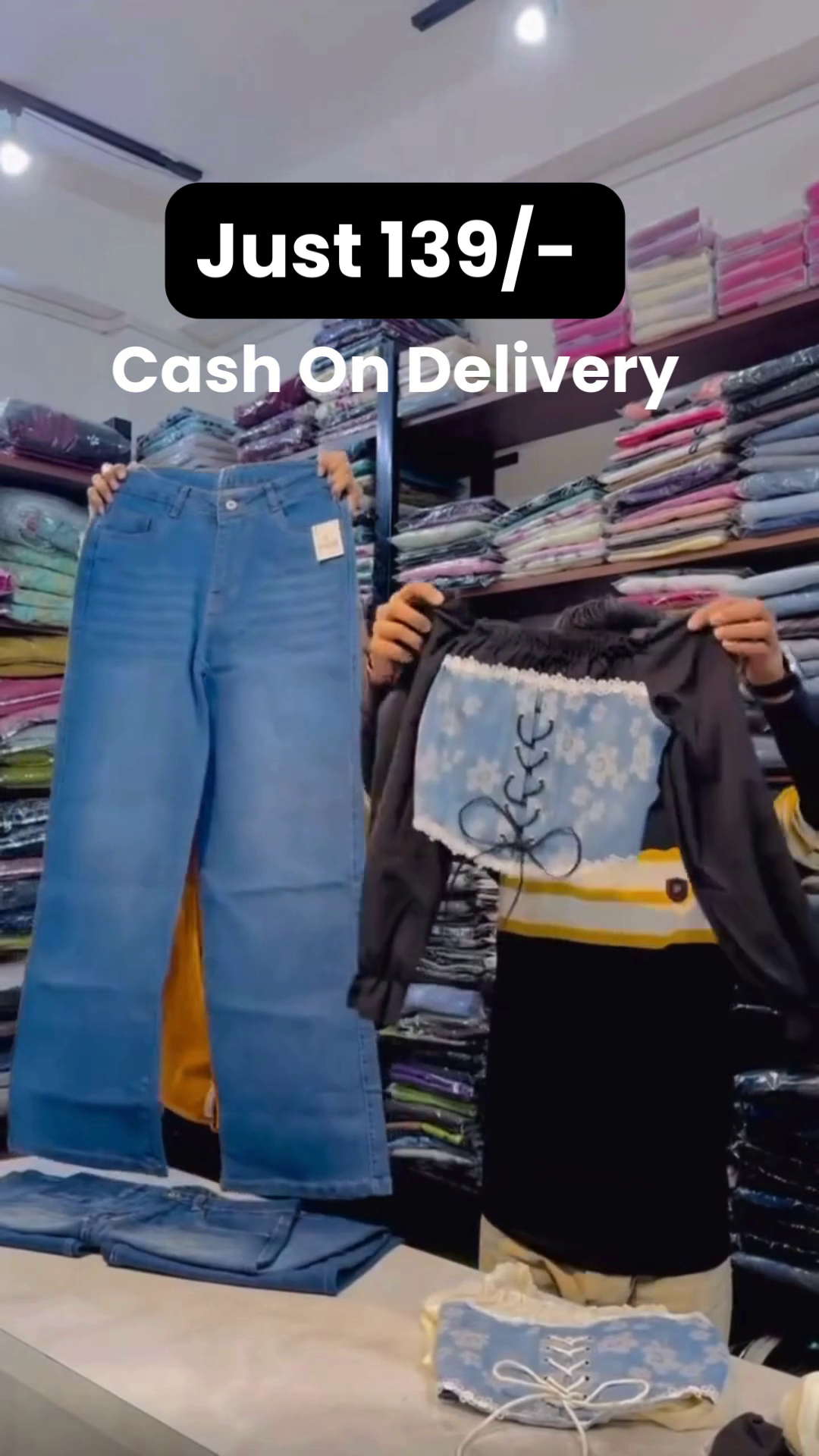 Black Wide-Leg Jeans 👖 + White & Blue Floral Crop Top 👚 with Lace Detailing ✨ Coordinated Casual Ensemble