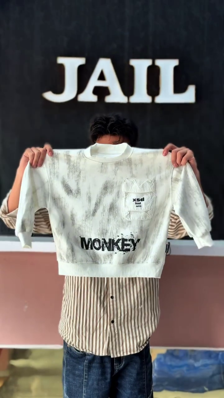 Beige Sweatshirt 👕 with Abstract Printed Text ✍️ + Casual Blue Jeans 👖 Streetwear Ensemble