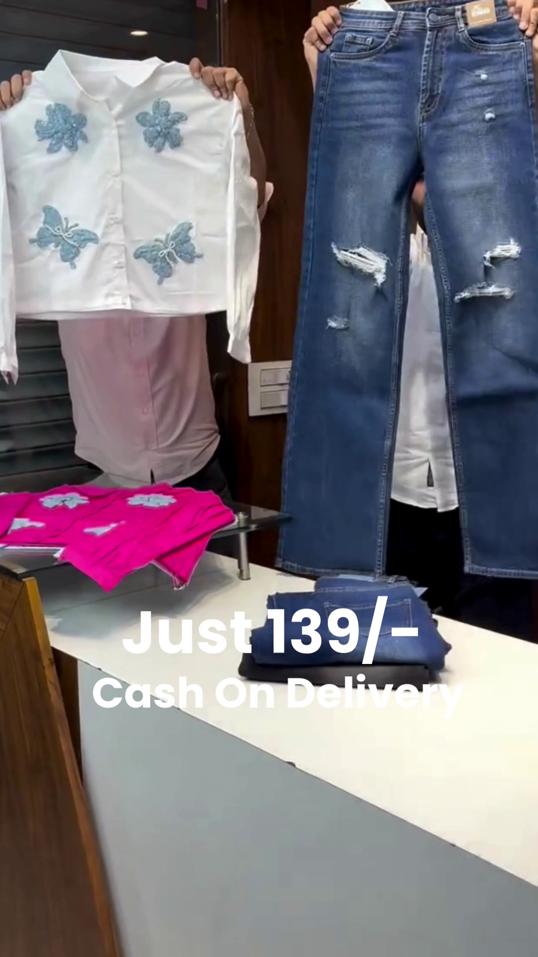 Light Blue Butterfly Embroidered Crop Shirt with Black Distressed Straight-Fit Denim Jeans Co-Ord Set 🦋💙🖤👖