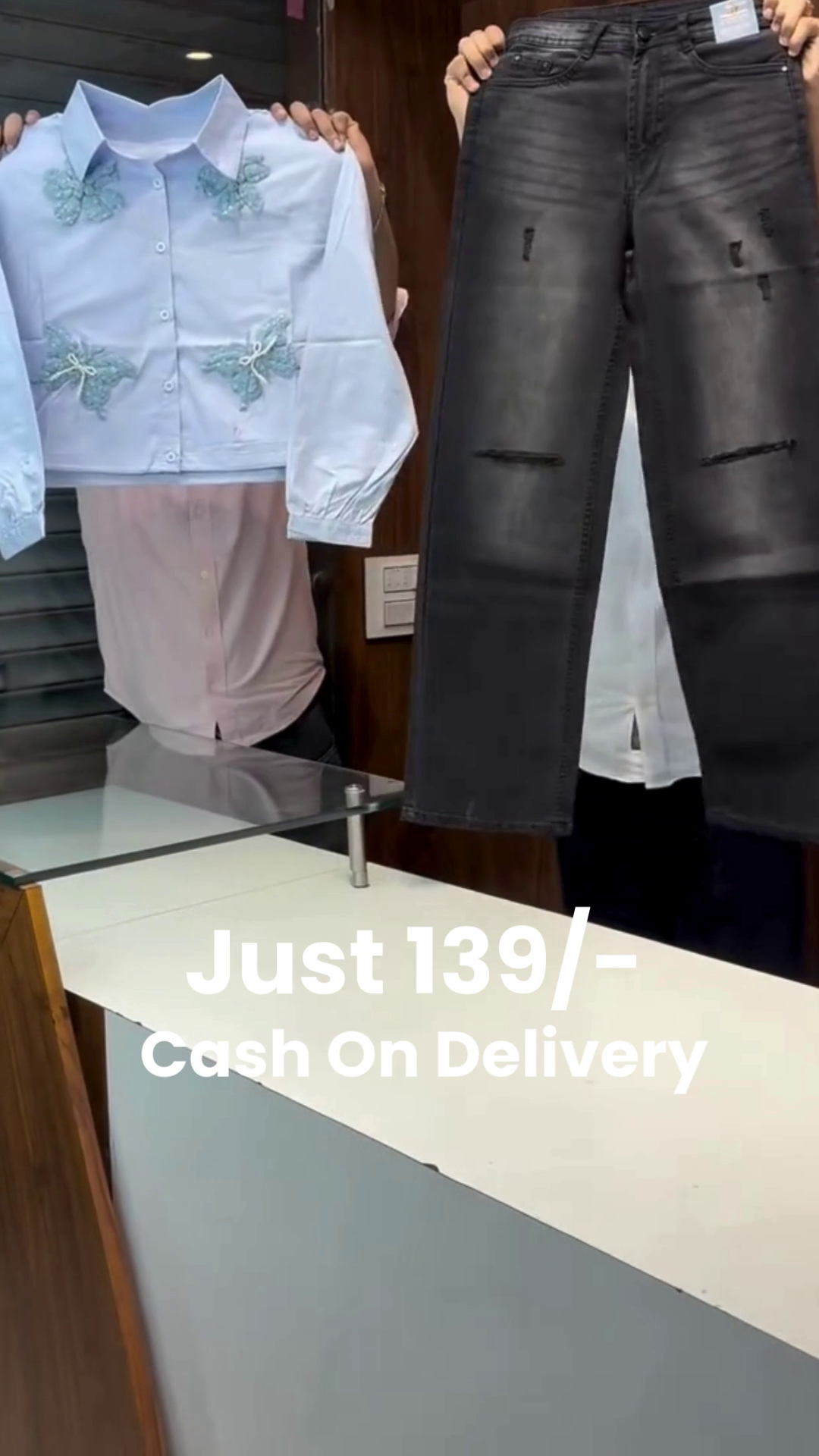 Light Blue Butterfly Embroidered Crop Shirt with Black Distressed Straight-Fit Denim Jeans Co-Ord Set 🦋💙🖤👖