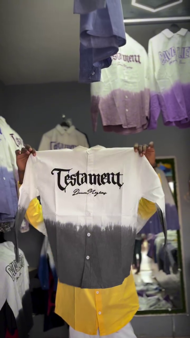 White & Gray Gradient Button-Up Shirt 👔 with Large Stylized Text ✍️ + Casual Statement Ensemble