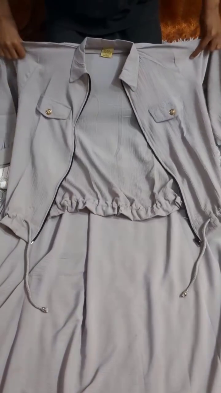 Graceful Light Gray Jacket 🧥 with Drawstring Waist ✨ + Matching Long Skirt 👗 + Intricate White Embroidered Top 🤍