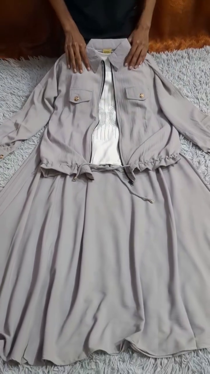 Graceful Light Gray Jacket 🧥 with Drawstring Waist ✨ + Matching Long Skirt 👗 + Intricate White Embroidered Top 🤍