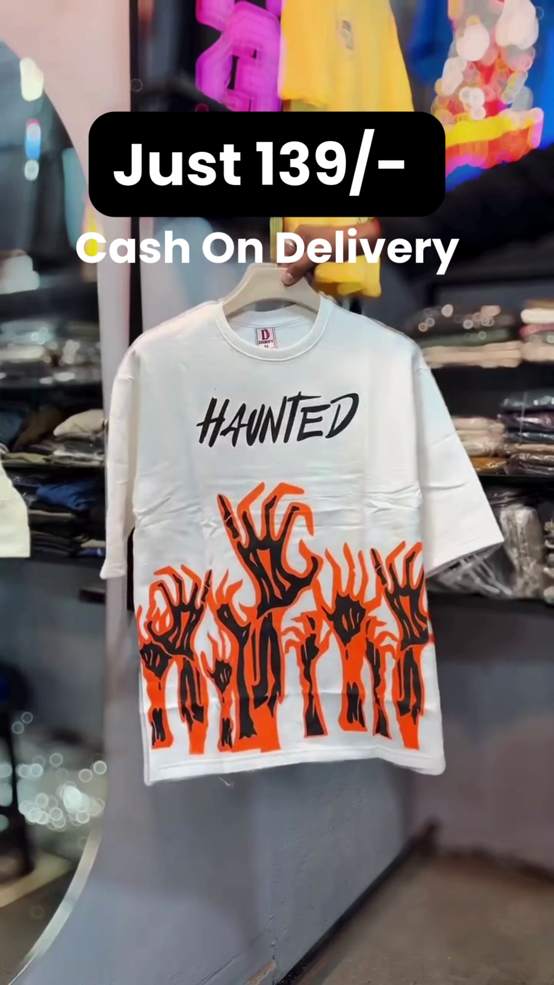 Haunted Graphic White T-Shirt 👕 with Bold Black Typography 🖤 + Spooky Orange & Black Hands 🖐️🧡