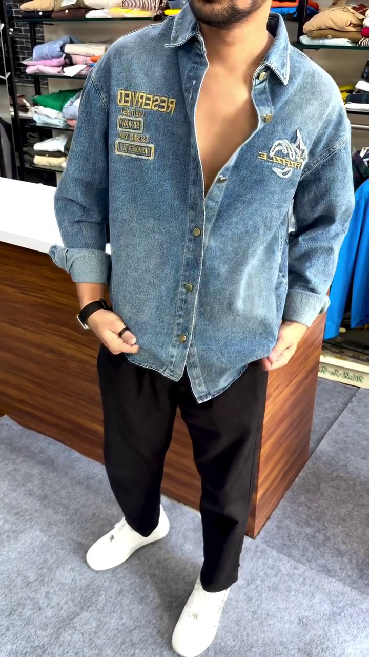 Urban Edge Denim Shirt 👕 with Embroidered Text ✍️ + Stylized Graphic 🎨 + Black Pants 👖 + White Sneakers 👟