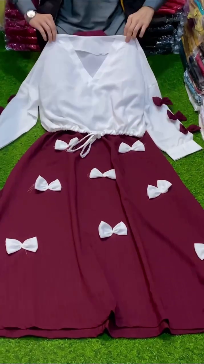 Whimsical Contrast Two-Tone Dress 👗 with White Long-Sleeved V-Neck Top 🤍 + Maroon Skirt 🍷 Decorated with Multiple White Bow 🎀 Accents