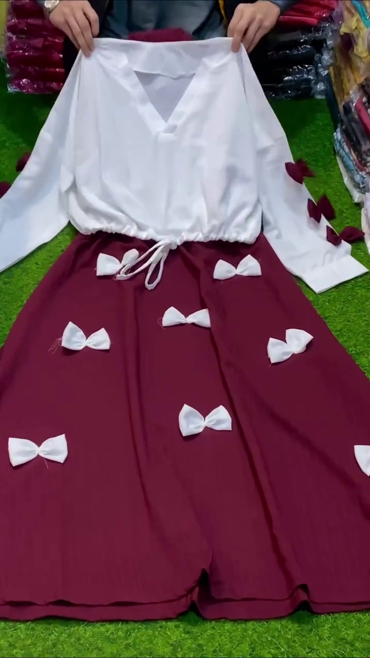 Whimsical Contrast Two-Tone Dress 👗 with White Long-Sleeved V-Neck Top 🤍 + Maroon Skirt 🍷 Decorated with Multiple White Bow 🎀 Accents