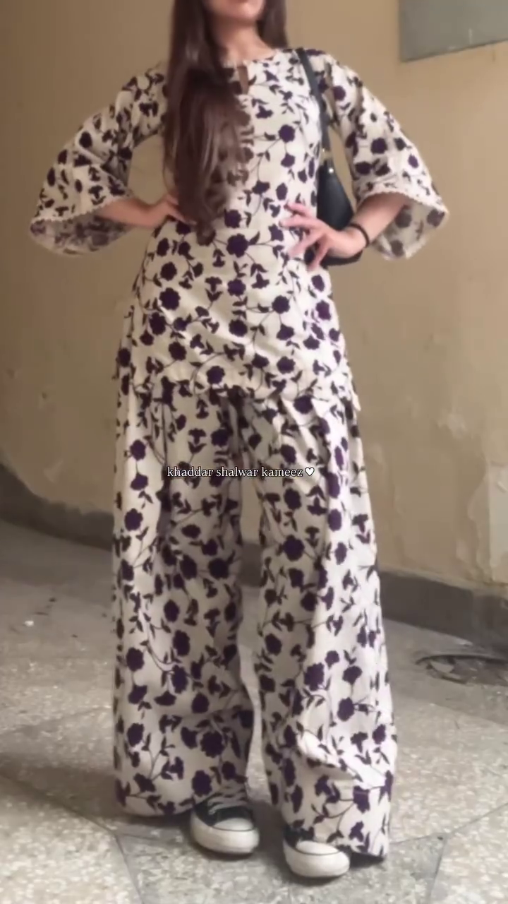 Traditional Khaddar Shalwar Kameez 👗👖 with Floral Pattern 🌸 in Dark Purple 💜 on Light Background 🤍 + Modern Sneakers 👟 Fusion
