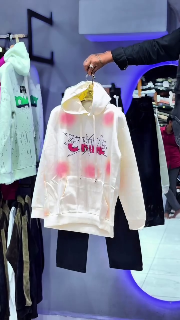 Unisex White Graphic Hoodie with Front Cartoon Print & Kangaroo Pocket – Paired Display with Blue Denim Bottom 👕🧥✨