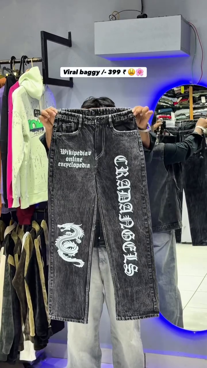 Black Wide-Leg Baggy Denim Jeans with Dual Cartoon Character Front Prints 🎭👖🔥