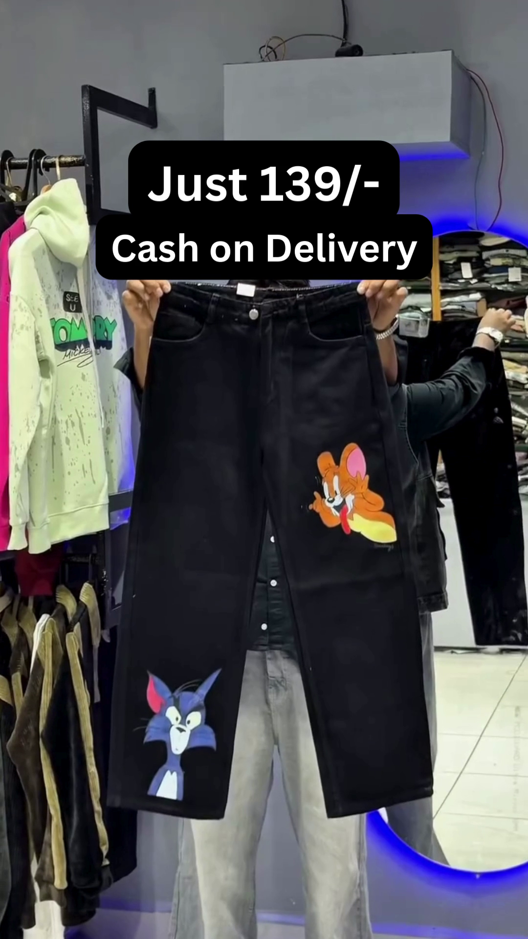 Black Wide-Leg Baggy Denim Jeans with Dual Cartoon Character Front Prints 🎭👖🔥