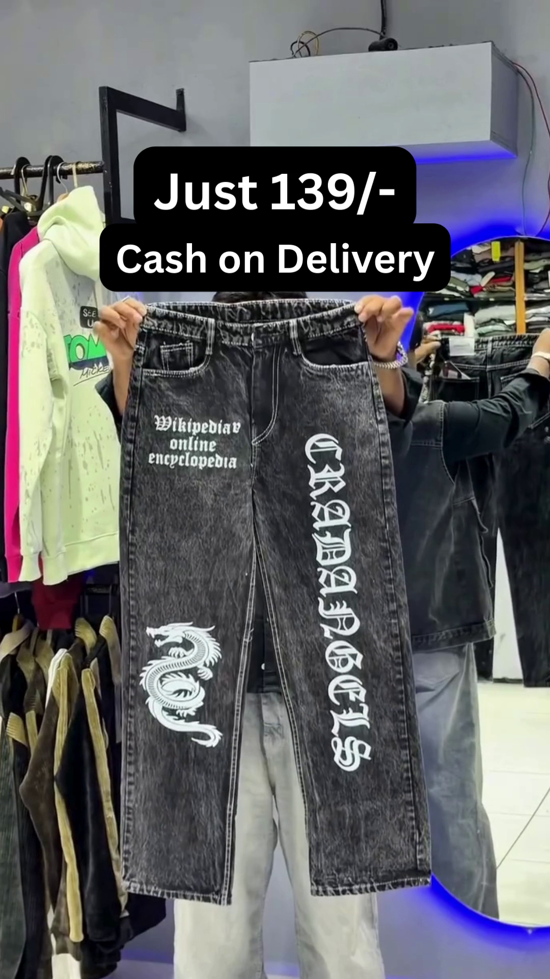 Black Wide-Leg Baggy Denim Jeans with Dual Cartoon Character Front Prints 🎭👖🔥