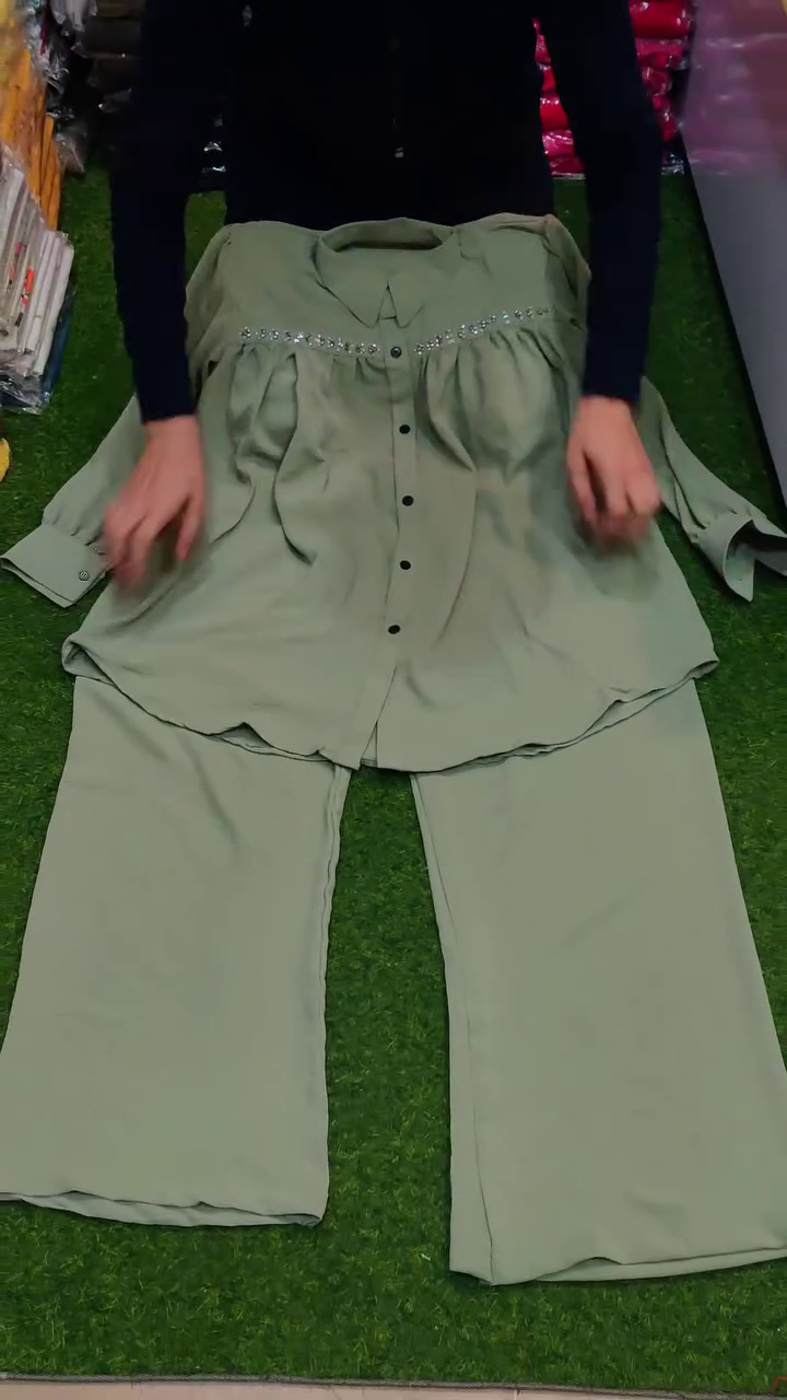 Sage Green Collared Button-Down Embellished Yoke Flowy Tunic Top with Matching Straight-Cut Comfort Trousers Co-Ord Set 🌿✨👚👖