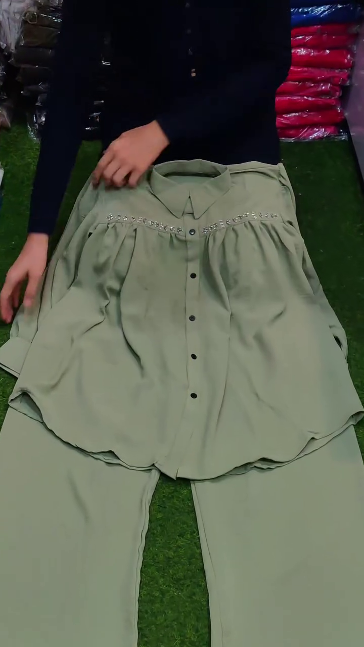 Sage Green Collared Button-Down Embellished Yoke Flowy Tunic Top with Matching Straight-Cut Comfort Trousers Co-Ord Set 🌿✨👚👖