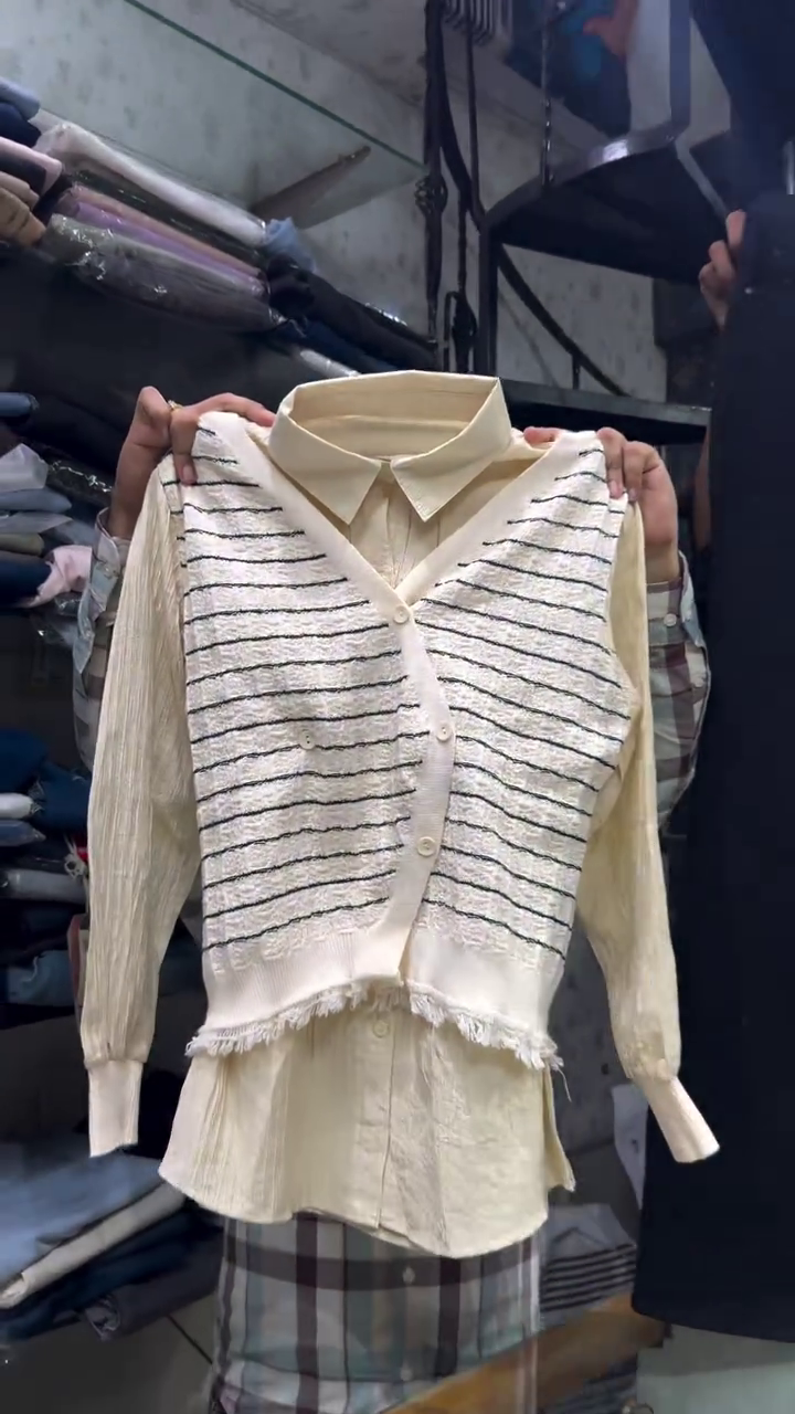 Women’s Cream Layered Look Shirt with Attached Striped Knit Button-Front Vest Detail 👔🧶✨
