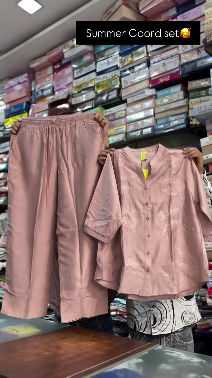 Mocha Brown Leaf Embroidered Half-Sleeve Button-Down Top with Matching Relaxed Fit Elastic Waist Trousers Summer Co-Ord Set 🤎🌿👚👖✨