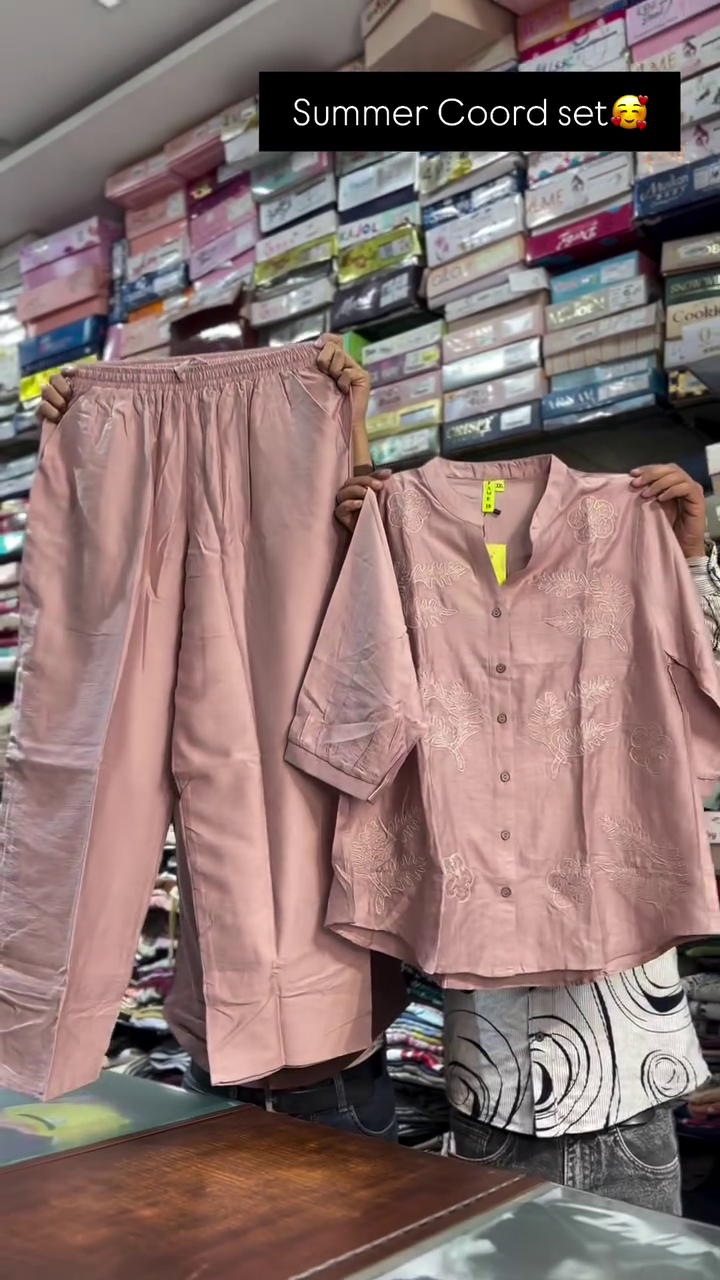 Mocha Brown Leaf Embroidered Half-Sleeve Button-Down Top with Matching Relaxed Fit Elastic Waist Trousers Summer Co-Ord Set 🤎🌿👚👖✨