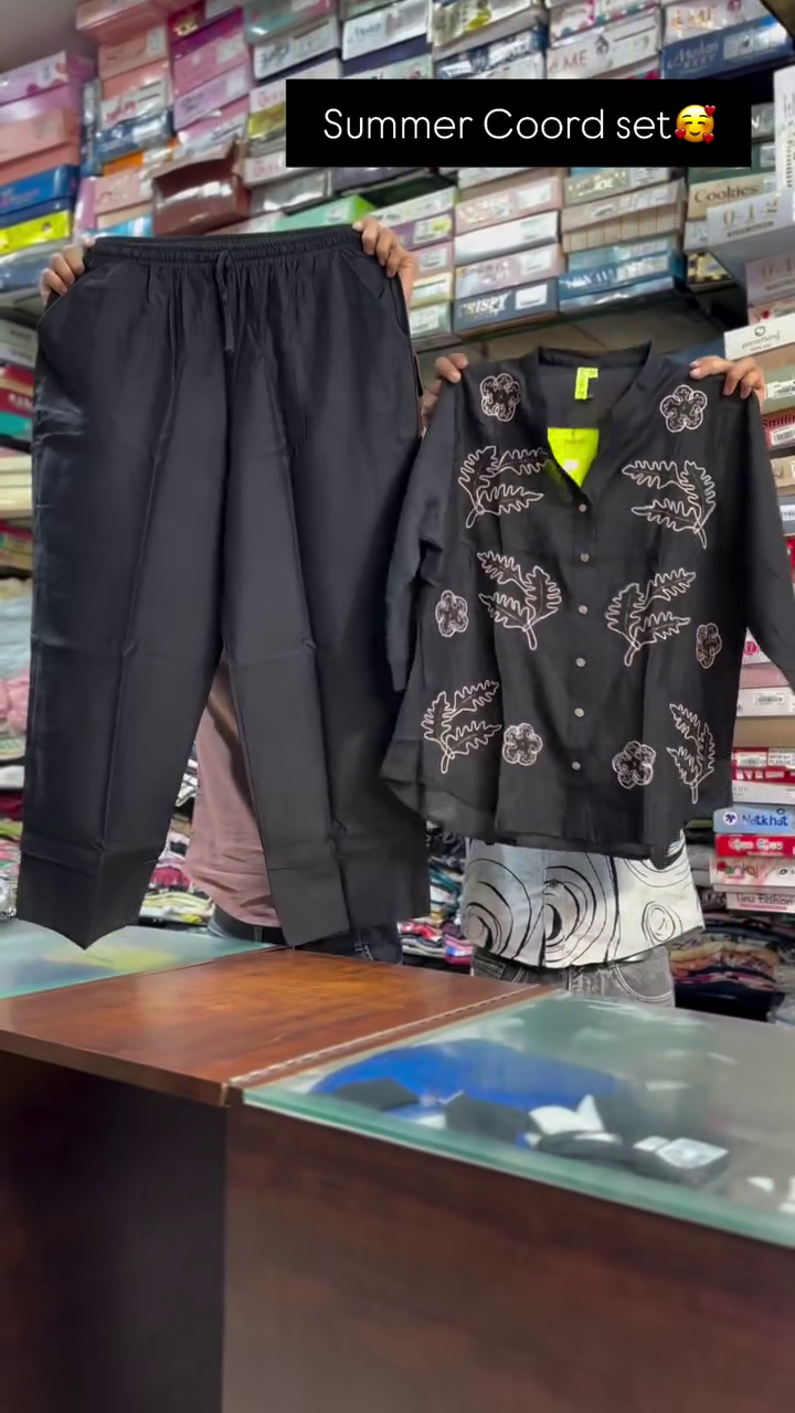 Mocha Brown Leaf Embroidered Half-Sleeve Button-Down Top with Matching Relaxed Fit Elastic Waist Trousers Summer Co-Ord Set 🤎🌿👚👖✨