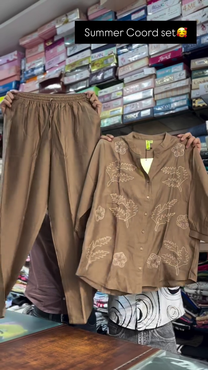 Mocha Brown Leaf Embroidered Half-Sleeve Button-Down Top with Matching Relaxed Fit Elastic Waist Trousers Summer Co-Ord Set 🤎🌿👚👖✨