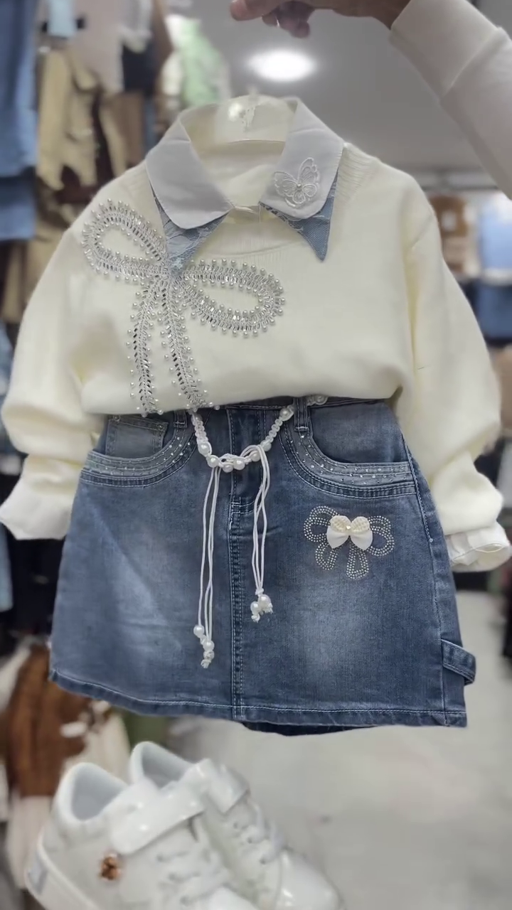 Girls Cream Embellished Bow Detail Sweatshirt with Denim Mini Skirt and Matching White Sneakers Three-Piece Kids Fashion Set 🤍🎀👕👗👟✨
