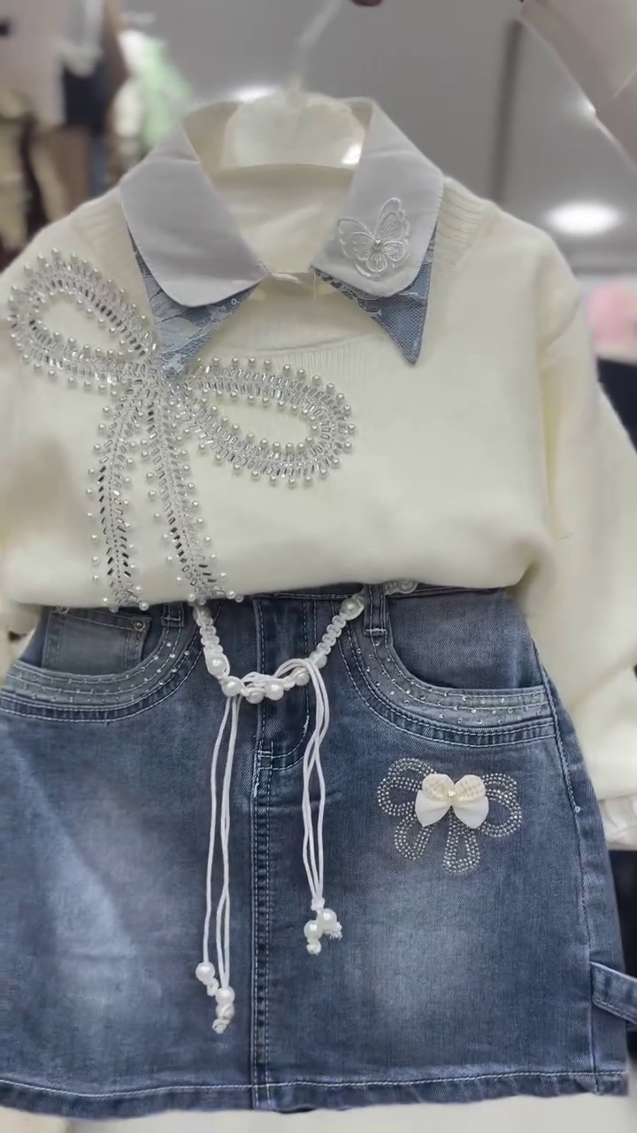 Girls Cream Embellished Bow Detail Sweatshirt with Denim Mini Skirt and Matching White Sneakers Three-Piece Kids Fashion Set 🤍🎀👕👗👟✨