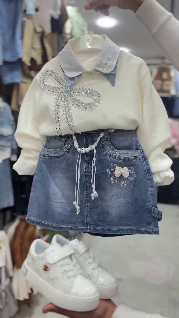 Girls Cream Embellished Bow Detail Sweatshirt with Denim Mini Skirt and Matching White Sneakers Three-Piece Kids Fashion Set 🤍🎀👕👗👟✨