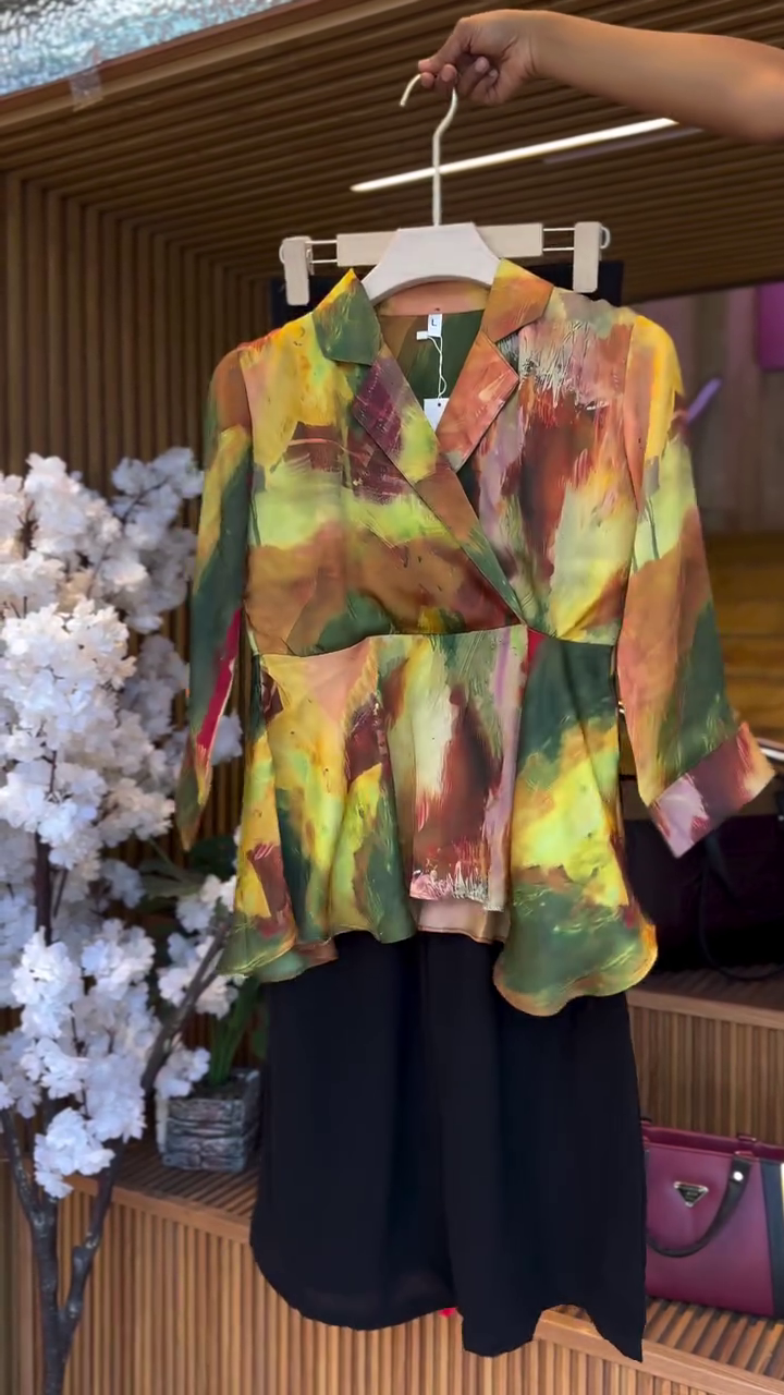 Multicolor Abstract Watercolor Print Wrap-Style Peplum Top with Lapel Collar & Three-Quarter Flared Sleeves Paired with Solid Black Wide-Leg Culotte Pants Co-Ord Set 🎨💛💚🧡🖤✨