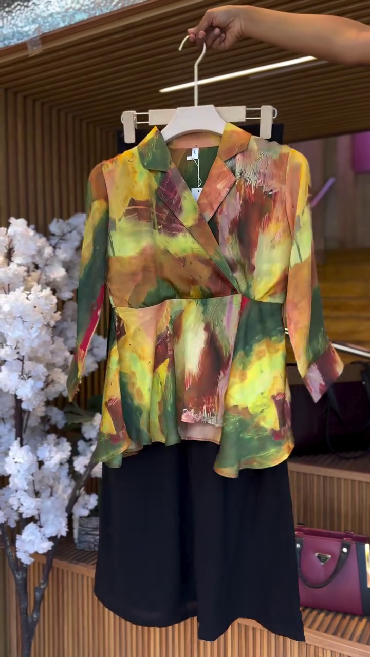 Multicolor Abstract Watercolor Print Wrap-Style Peplum Top with Lapel Collar & Three-Quarter Flared Sleeves Paired with Solid Black Wide-Leg Culotte Pants Co-Ord Set 🎨💛💚🧡🖤✨