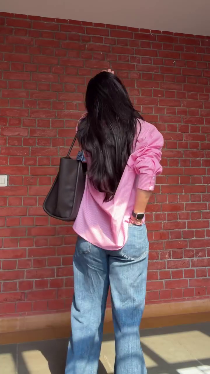 Classic Pink Vertical Stripe Relaxed-Fit Women’s Button-Down Shirt with Wide-Leg Blue Denim Styling