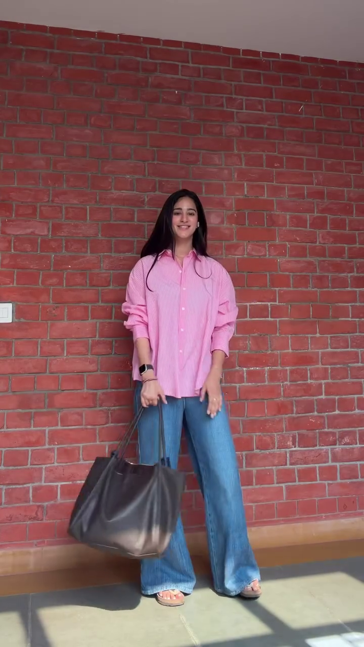 Classic Pink Vertical Stripe Relaxed-Fit Women’s Button-Down Shirt with Wide-Leg Blue Denim Styling