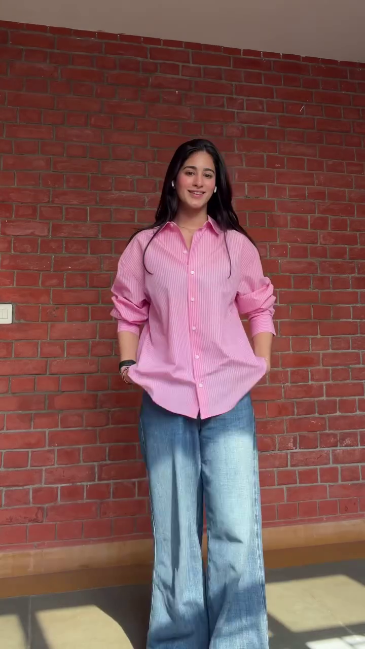 Classic Pink Vertical Stripe Relaxed-Fit Women’s Button-Down Shirt with Wide-Leg Blue Denim Styling