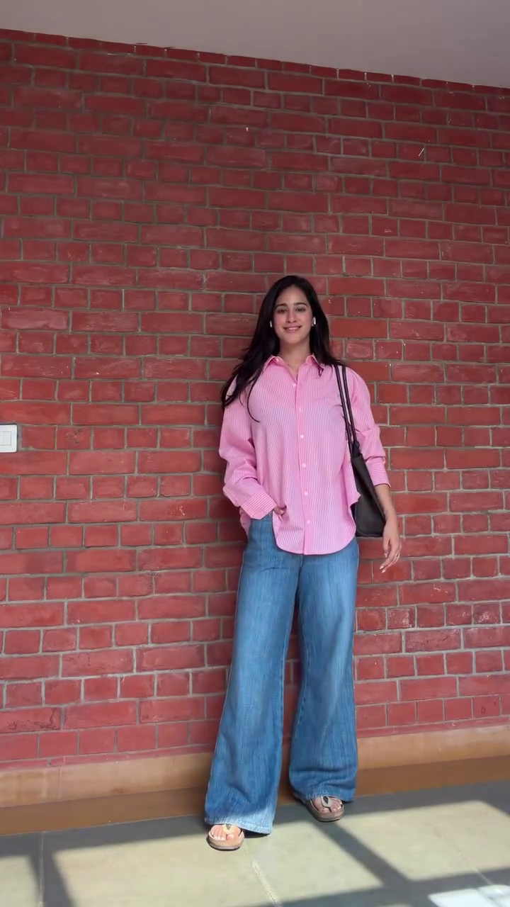 Classic Pink Vertical Stripe Relaxed-Fit Women’s Button-Down Shirt with Wide-Leg Blue Denim Styling