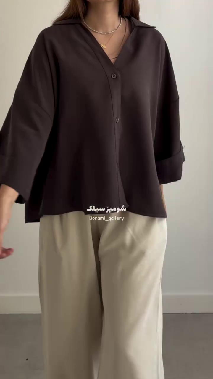 Elegant Chocolate Brown Oversized Satin-Feel Drop-Shoulder Button-Down Women’s Shirt with Wide Sleeves