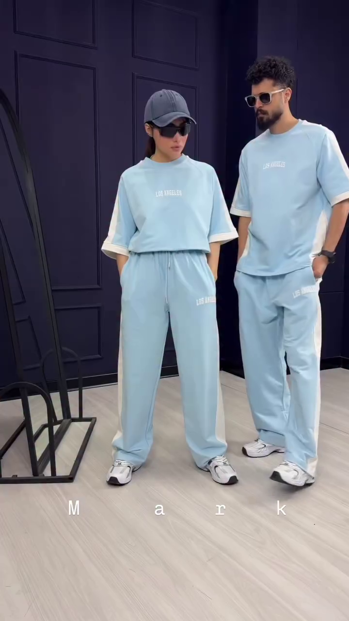 Powder Blue Unisex “Los Angeles” Co-Ord Lounge Set with Oversized T-Shirt & Relaxed Drawstring Pants