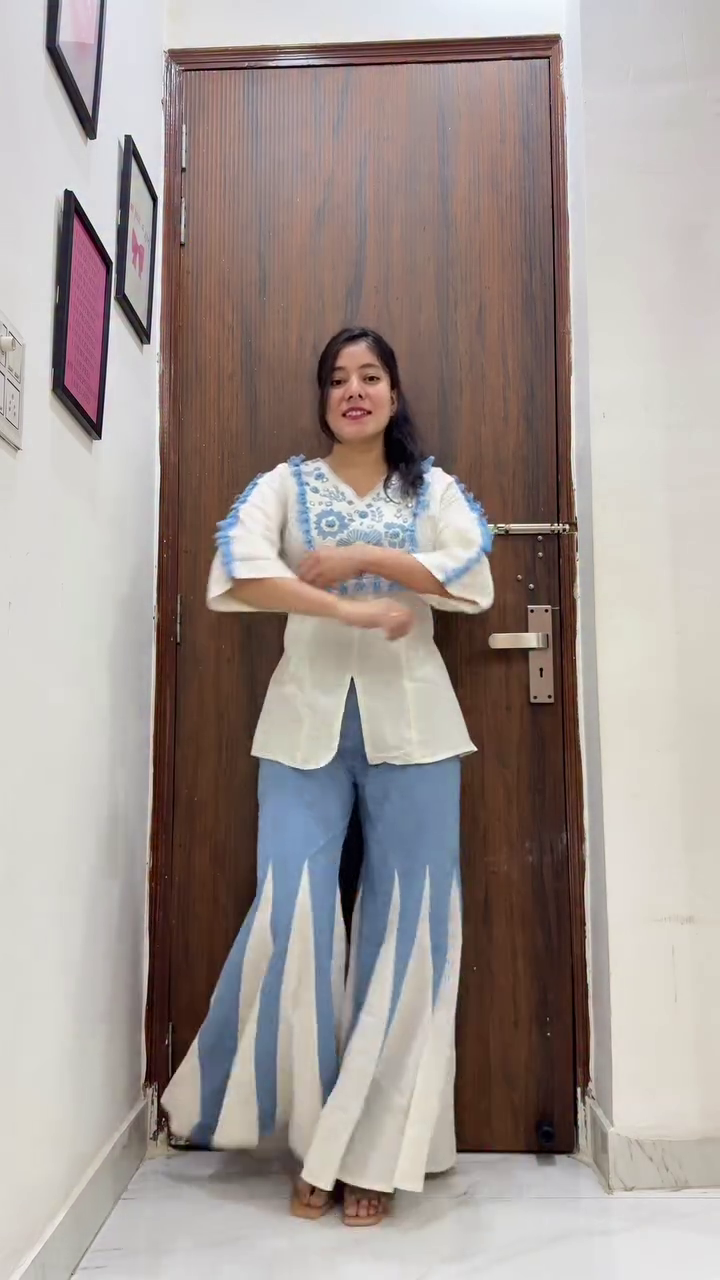 Cream & Sky Blue Embroidered Ethnic-Inspired Top with Flared Panel Palazzo Pants Set 💙🤍🌸