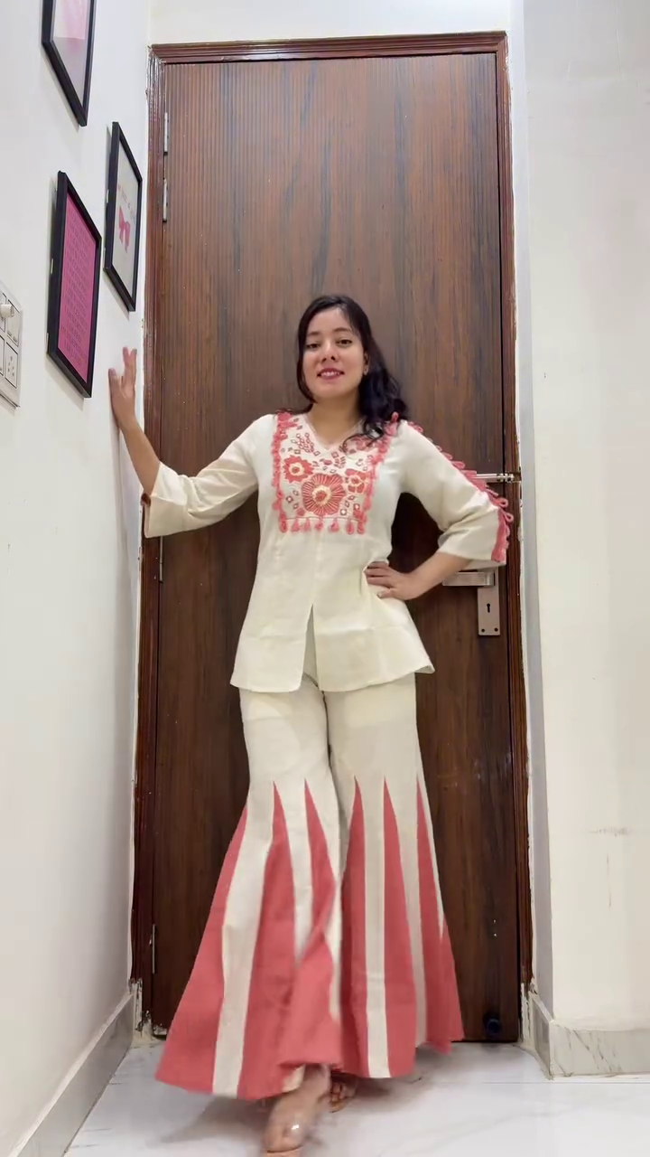 Cream & Sky Blue Embroidered Ethnic-Inspired Top with Flared Panel Palazzo Pants Set 💙🤍🌸