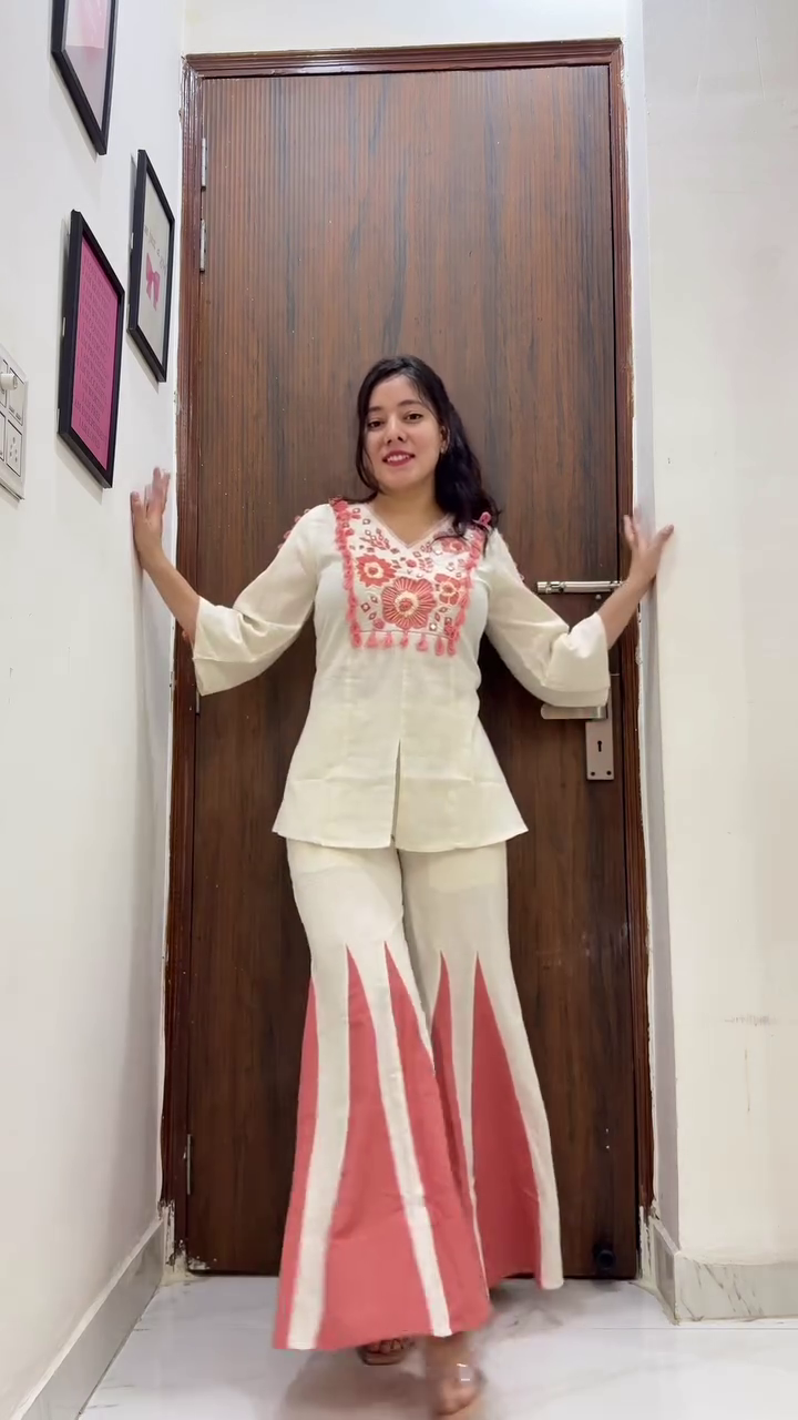 Cream & Sky Blue Embroidered Ethnic-Inspired Top with Flared Panel Palazzo Pants Set 💙🤍🌸