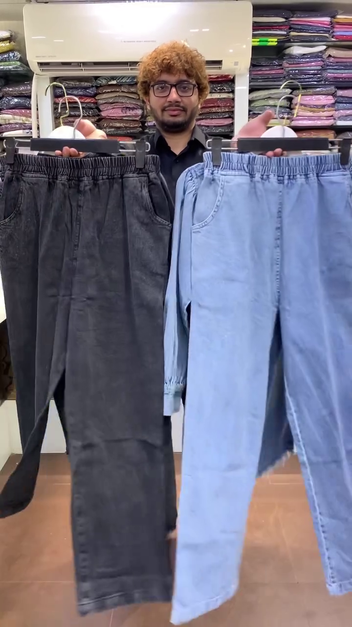 Dual Tone Blue & Grey Denim Long Modest Dress with Front Button Detail and Frayed Hem Finish