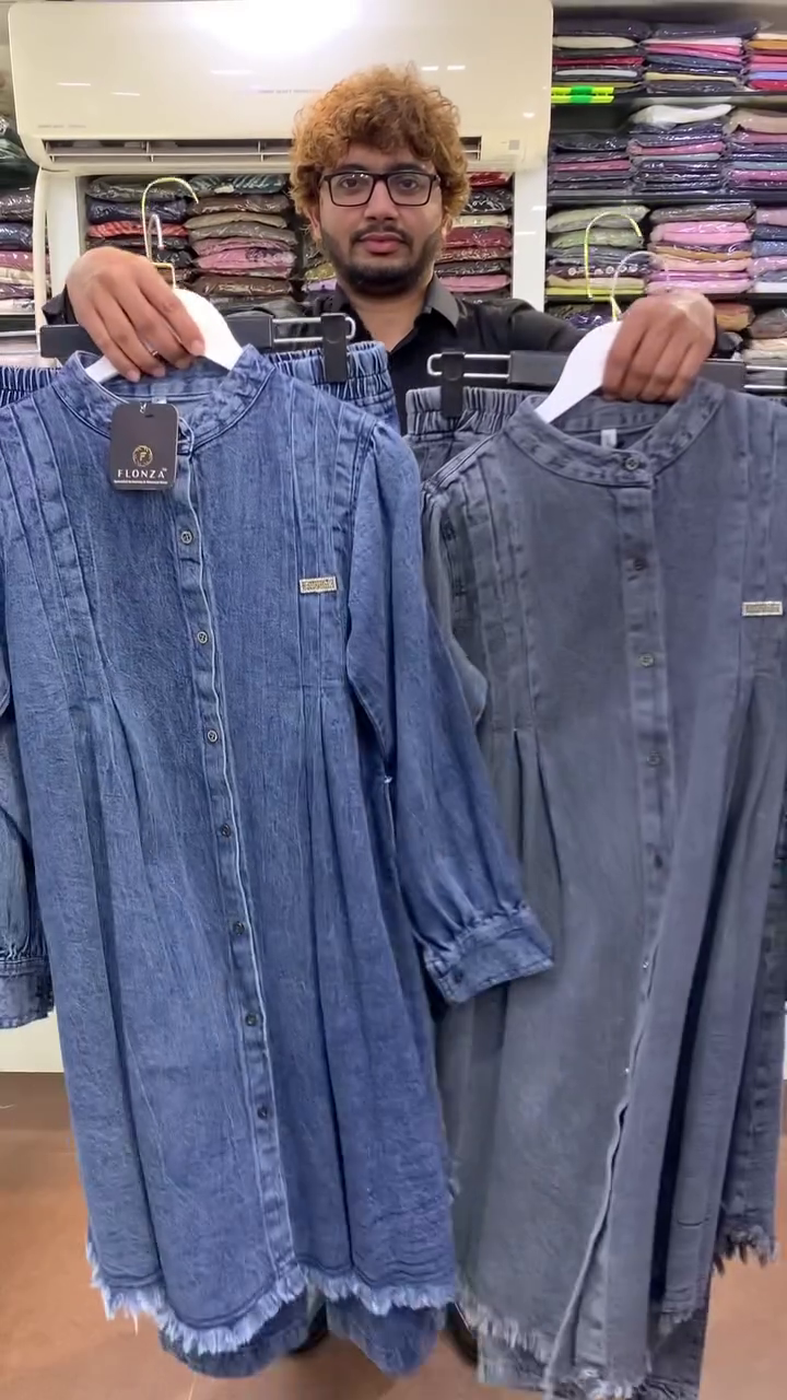 Dual Tone Blue & Grey Denim Long Modest Dress with Front Button Detail and Frayed Hem Finish