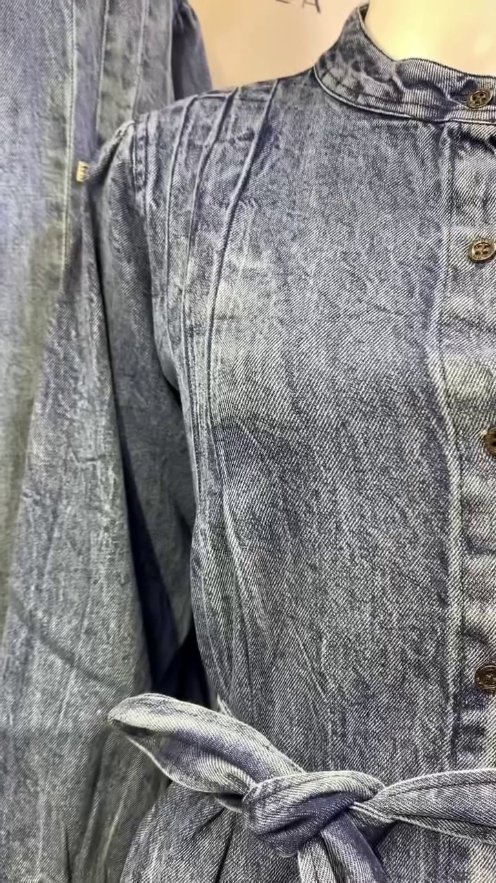 Dual Tone Blue & Grey Denim Long Modest Dress with Front Button Detail and Frayed Hem Finish