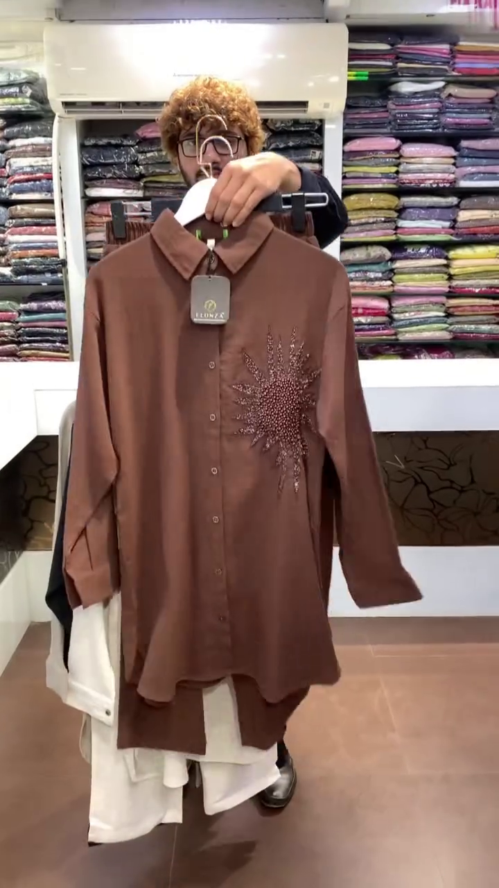 Beige Front Button Down Long Shirt Kurti with Heavy Crystal Sunburst Hand Embellishment Detail