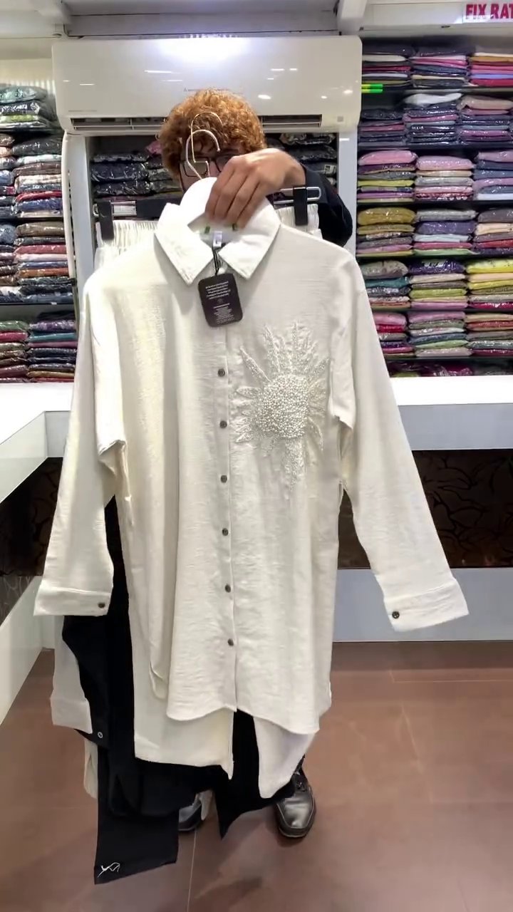 Beige Front Button Down Long Shirt Kurti with Heavy Crystal Sunburst Hand Embellishment Detail