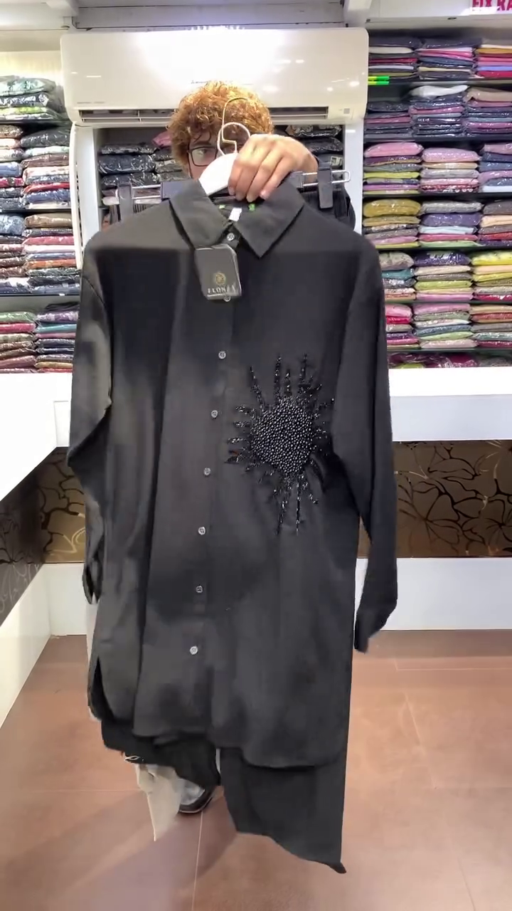 Beige Front Button Down Long Shirt Kurti with Heavy Crystal Sunburst Hand Embellishment Detail