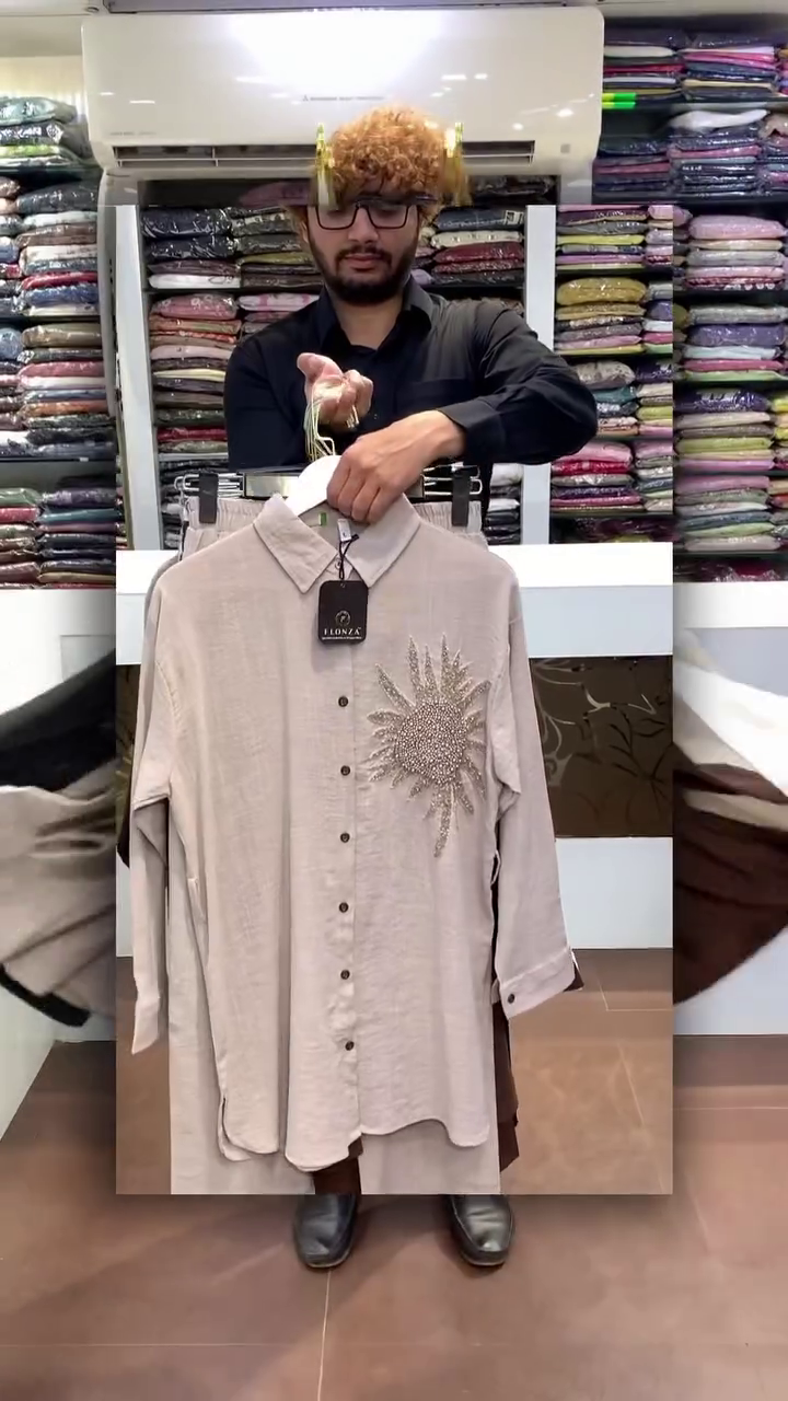 Beige Front Button Down Long Shirt Kurti with Heavy Crystal Sunburst Hand Embellishment Detail