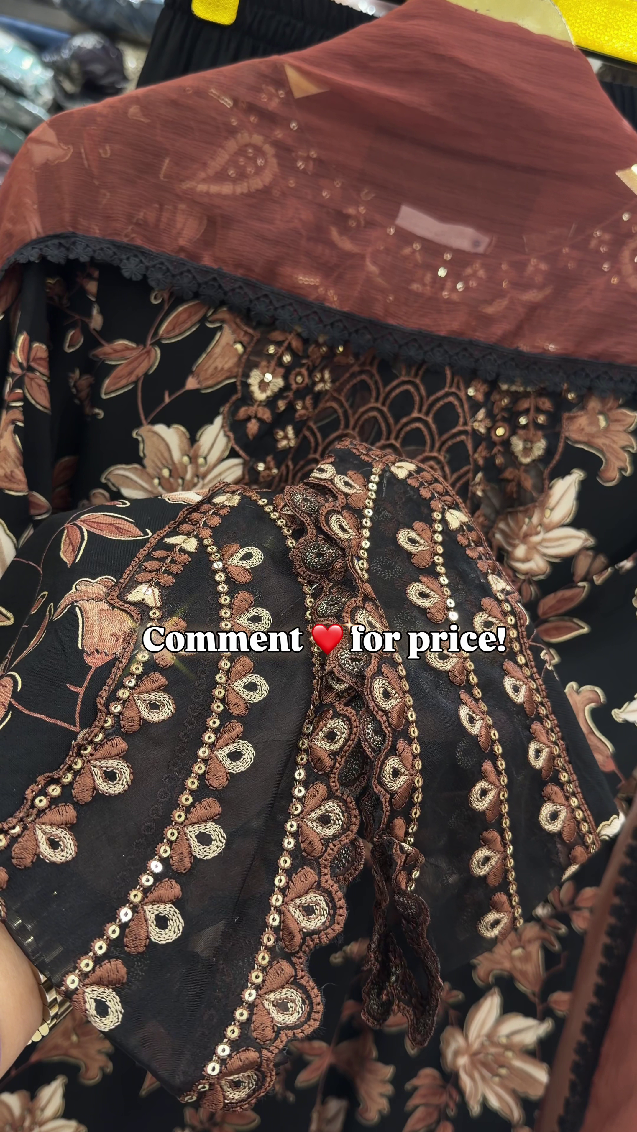 Elegant Black and Brown Floral Printed Long Kurti with Ornamental Geometric Panel Design and Sheer Contrast Dupatta