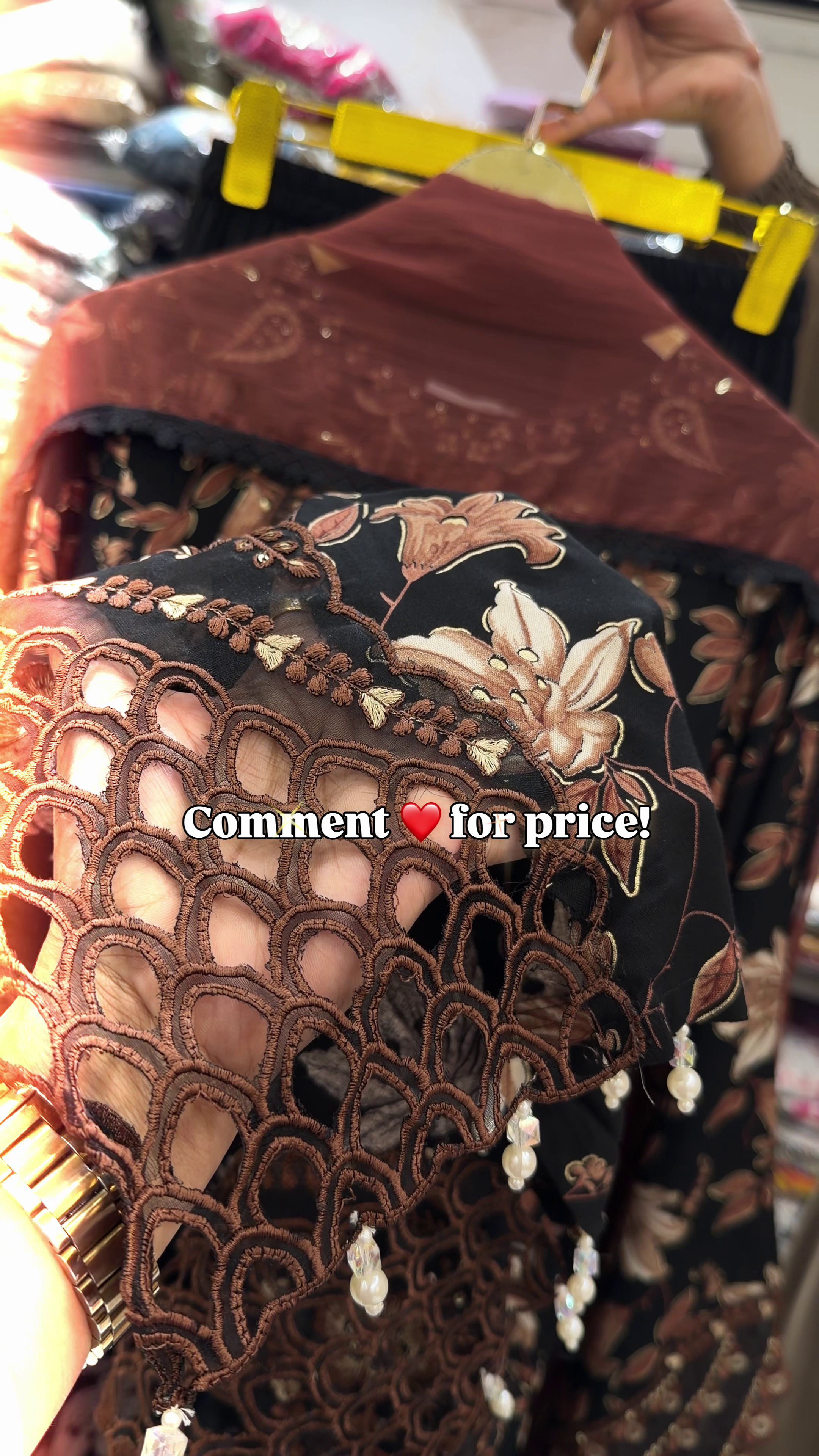 Elegant Black and Brown Floral Printed Long Kurti with Ornamental Geometric Panel Design and Sheer Contrast Dupatta