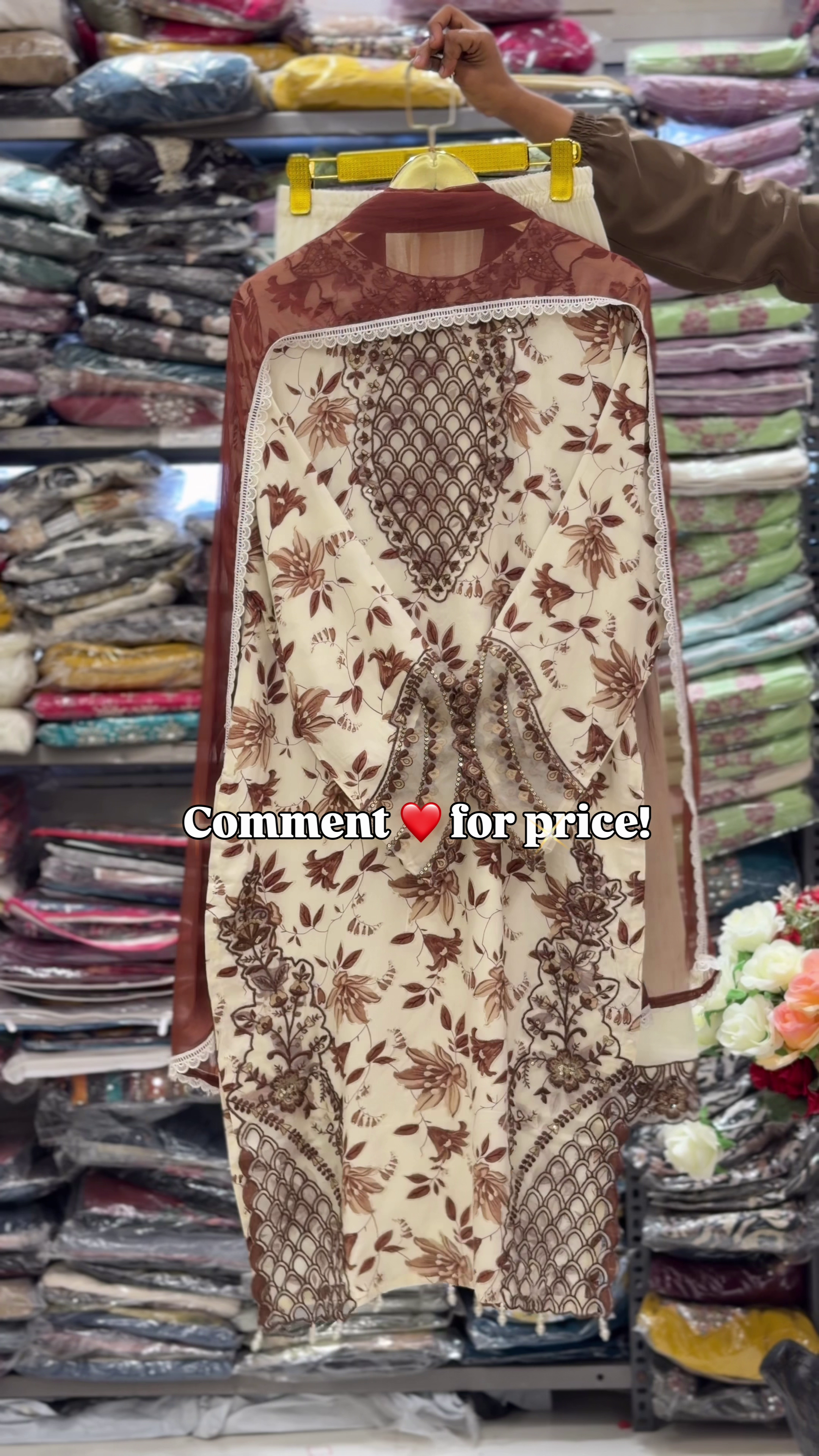 Elegant Black and Brown Floral Printed Long Kurti with Ornamental Geometric Panel Design and Sheer Contrast Dupatta